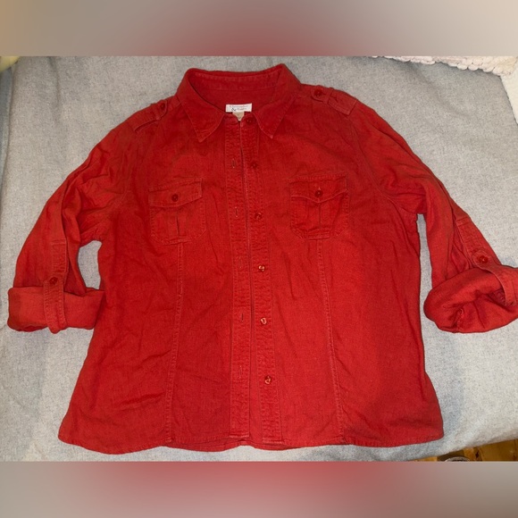 Linen Burnt Orange Fall Color Woman’s Rolled Sleeved Top - Picture 8 of 9